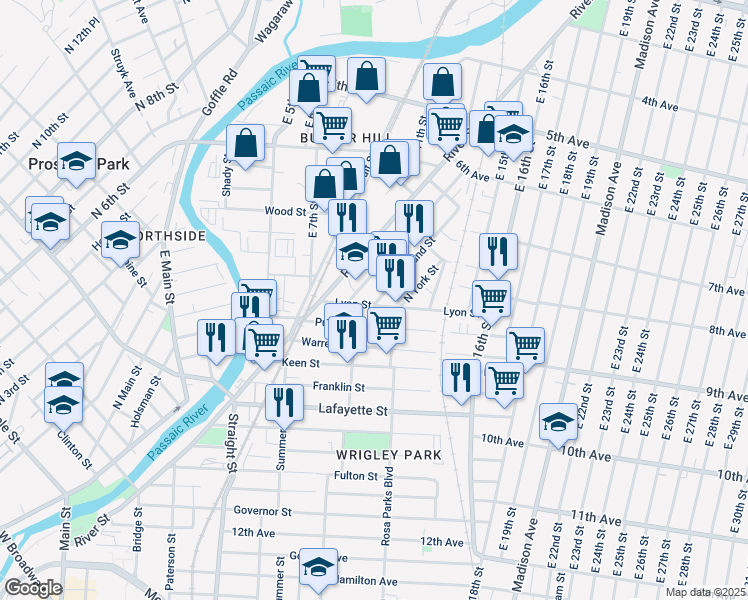 map of restaurants, bars, coffee shops, grocery stores, and more near 113 Lyon Street in Paterson