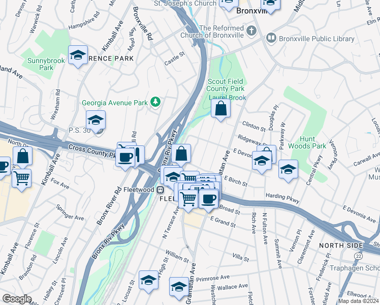 map of restaurants, bars, coffee shops, grocery stores, and more near 324 Packman Avenue in Mount Vernon