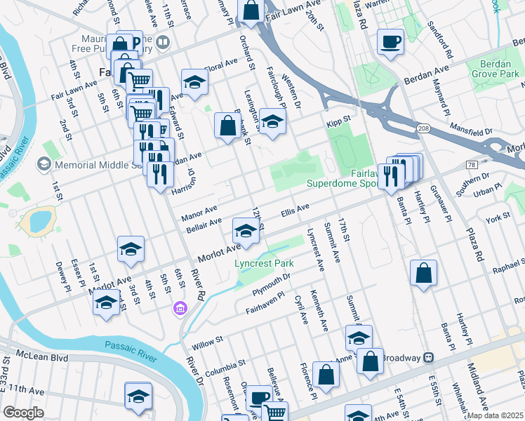 map of restaurants, bars, coffee shops, grocery stores, and more near 12-06 Bellair Avenue in Fair Lawn
