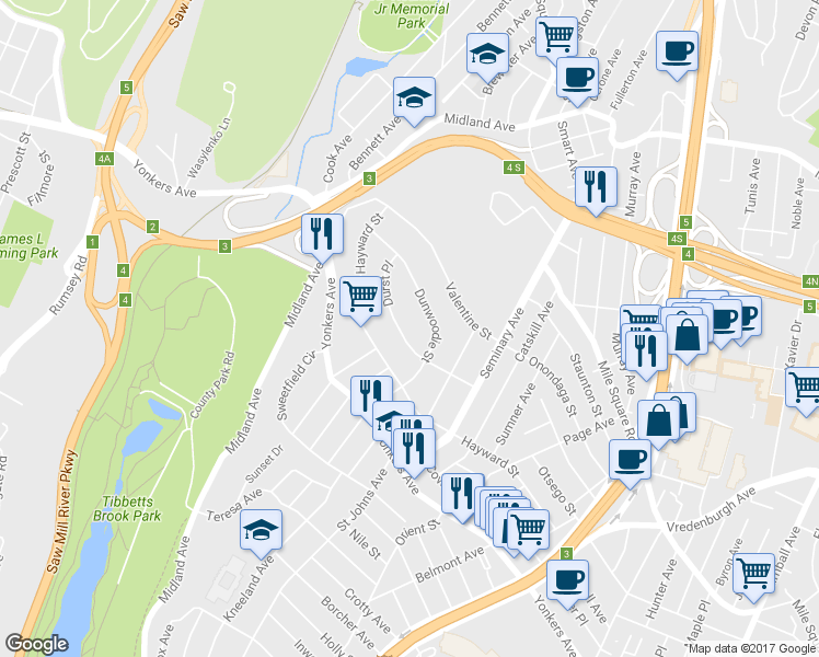 map of restaurants, bars, coffee shops, grocery stores, and more near 67 Durst Place in Yonkers