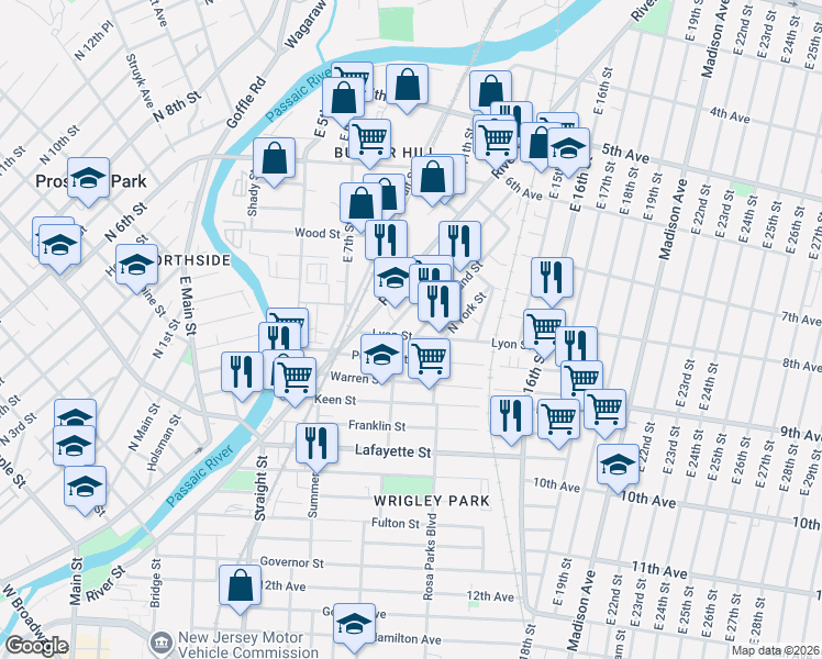 map of restaurants, bars, coffee shops, grocery stores, and more near 105 Lyon Street in Paterson