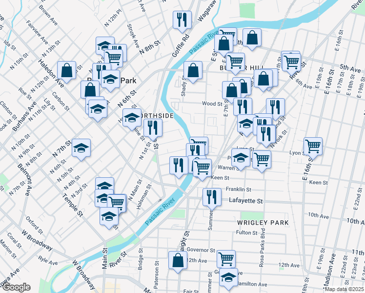 map of restaurants, bars, coffee shops, grocery stores, and more near 12 Bergen Street in Paterson