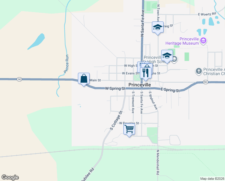 map of restaurants, bars, coffee shops, grocery stores, and more near 413 West Spring Street in Princeville