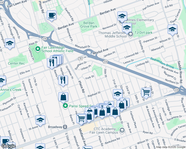 map of restaurants, bars, coffee shops, grocery stores, and more near 4-12 28th Street in Fair Lawn