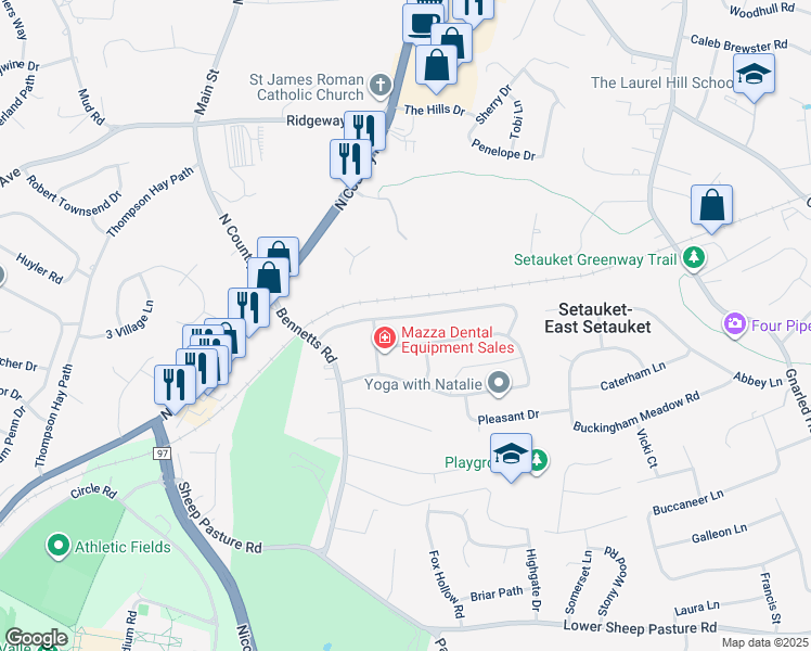 map of restaurants, bars, coffee shops, grocery stores, and more near 14 Detmer Road in Setauket- East Setauket