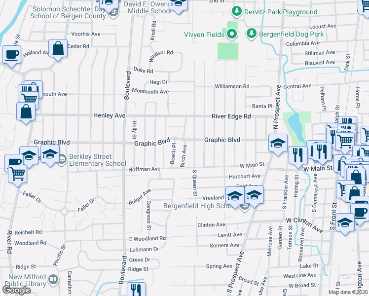 map of restaurants, bars, coffee shops, grocery stores, and more near 50 North Queen Street in Bergenfield