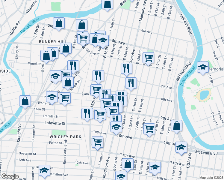 map of restaurants, bars, coffee shops, grocery stores, and more near 320 East 18th Street in Paterson