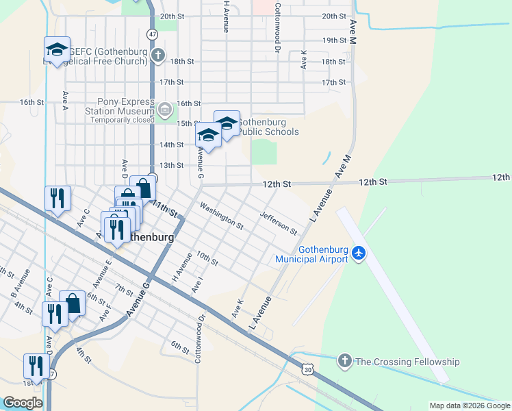 map of restaurants, bars, coffee shops, grocery stores, and more near 904 Jefferson Street in Gothenburg