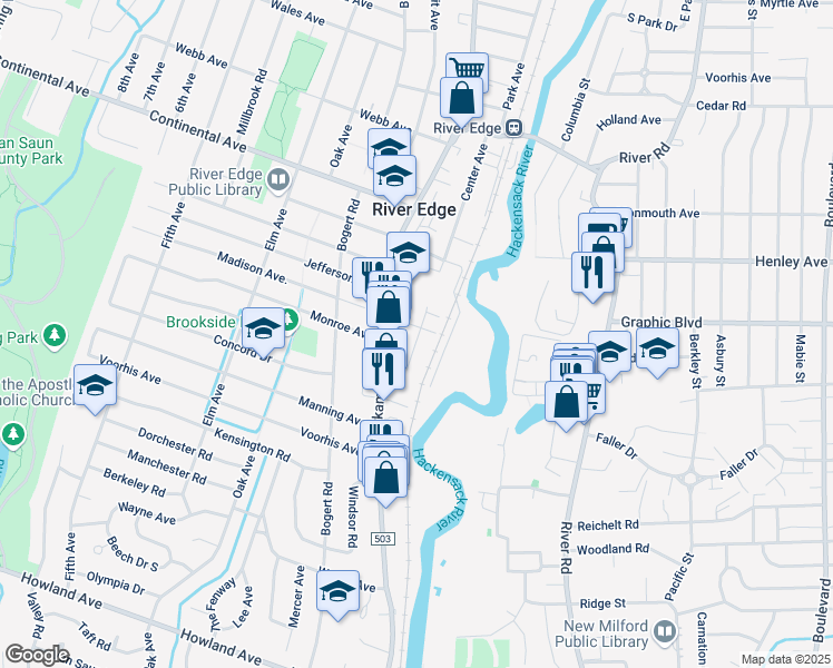 map of restaurants, bars, coffee shops, grocery stores, and more near 21 Madison Avenue in River Edge