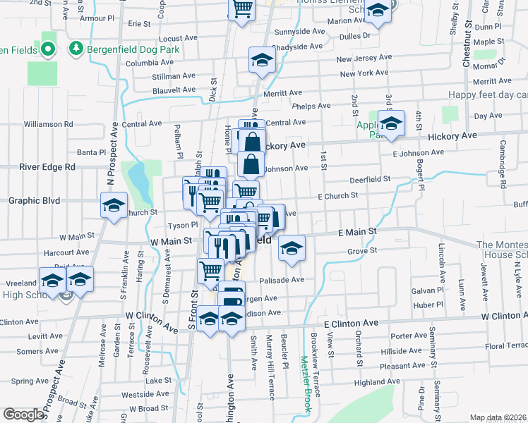 map of restaurants, bars, coffee shops, grocery stores, and more near 25 Bradley Avenue in Bergenfield
