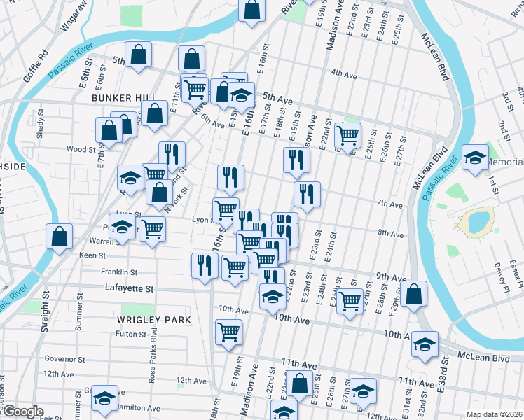 map of restaurants, bars, coffee shops, grocery stores, and more near 320 East 18th Street in Paterson