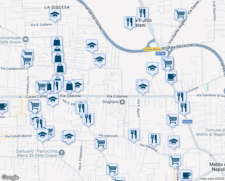 map of restaurants, bars, coffee shops, grocery stores, and more near 49 Via Colonne in Giugliano In Campania