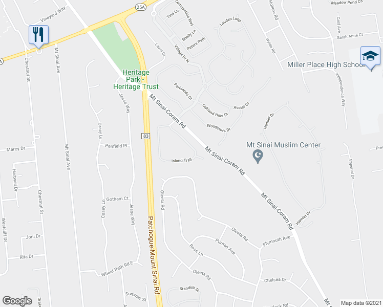 map of restaurants, bars, coffee shops, grocery stores, and more near 44 Island Trail in Mount Sinai