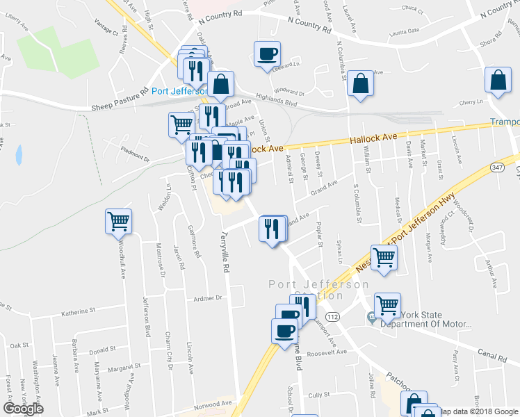 map of restaurants, bars, coffee shops, grocery stores, and more near 501 Patchogue Rd in Port Jefferson Station