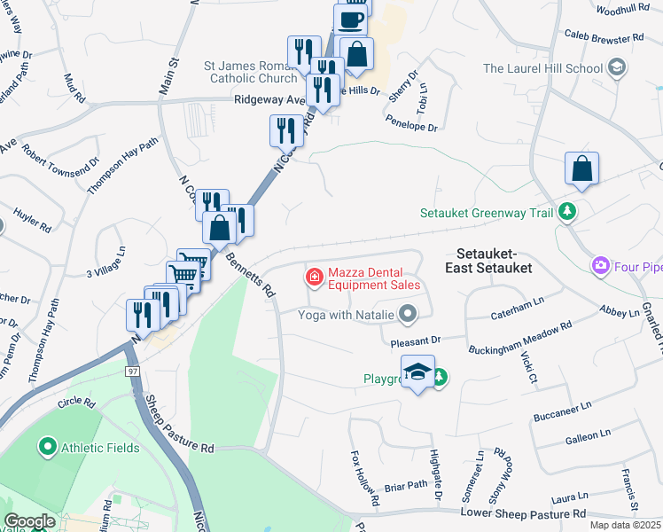 map of restaurants, bars, coffee shops, grocery stores, and more near 14 Detmer Road in Setauket- East Setauket