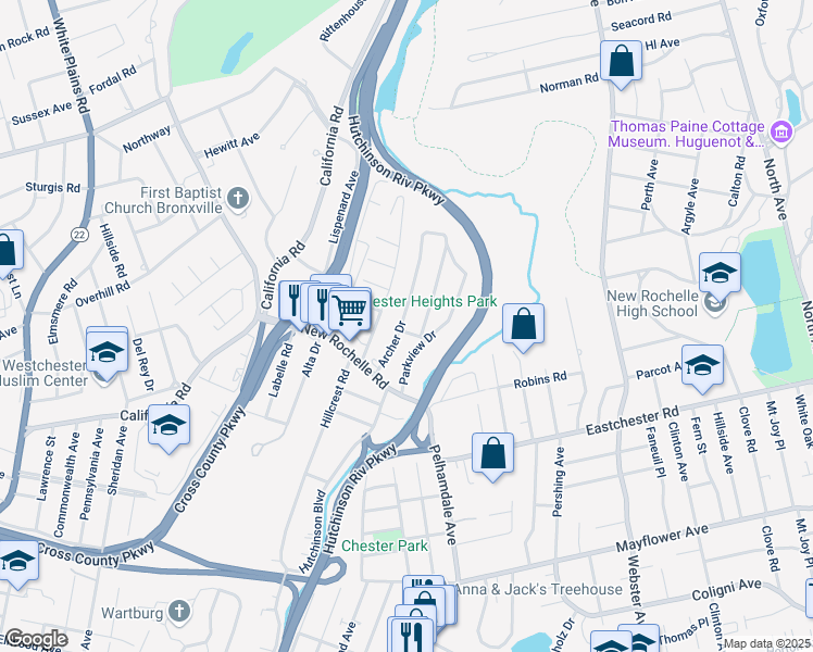 map of restaurants, bars, coffee shops, grocery stores, and more near 28 Archer Drive in Bronxville