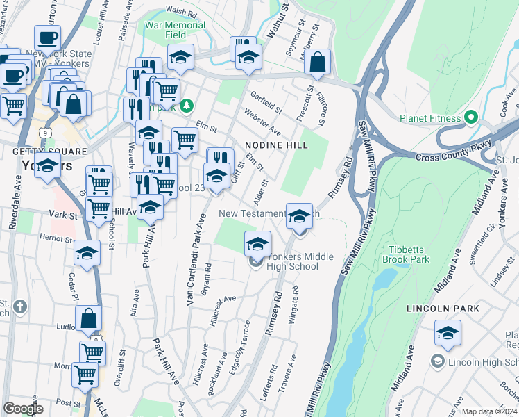 map of restaurants, bars, coffee shops, grocery stores, and more near 57 Spruce Street in Yonkers