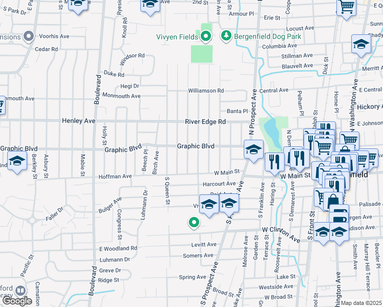 map of restaurants, bars, coffee shops, grocery stores, and more near 41 North Vivyen Street in Bergenfield