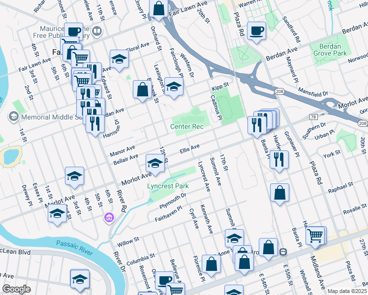 map of restaurants, bars, coffee shops, grocery stores, and more near 13-11 Ellis Avenue in Fair Lawn