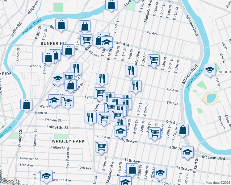 map of restaurants, bars, coffee shops, grocery stores, and more near 320 East 18th Street in Paterson
