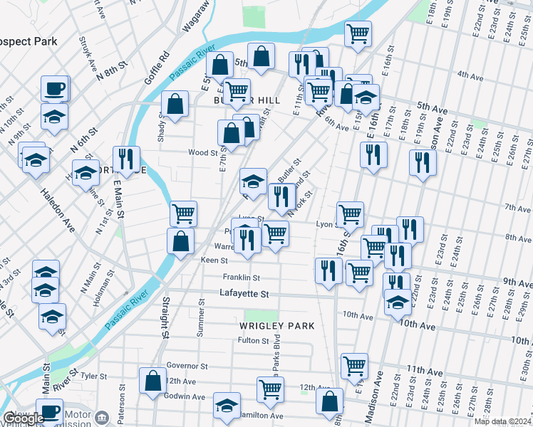 map of restaurants, bars, coffee shops, grocery stores, and more near 105 Lyon Street in Paterson