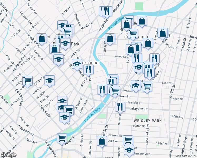 map of restaurants, bars, coffee shops, grocery stores, and more near 48 Bergen Street in Paterson