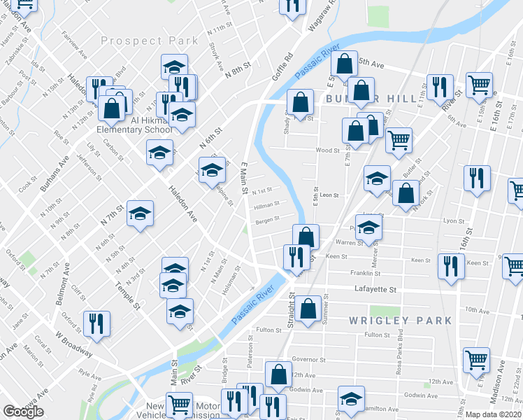 map of restaurants, bars, coffee shops, grocery stores, and more near 48 Bergen Street in Paterson