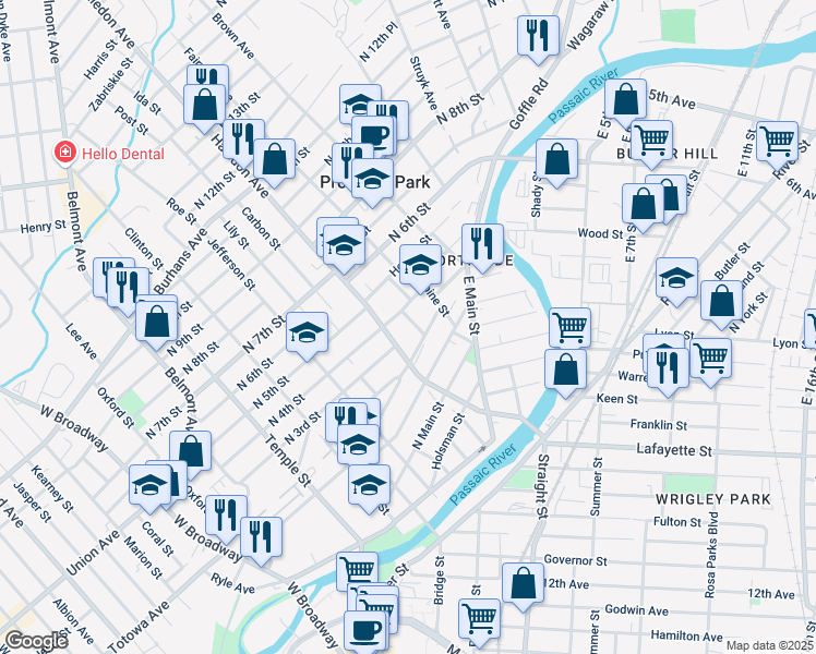 map of restaurants, bars, coffee shops, grocery stores, and more near 35 Barnert Place in Paterson
