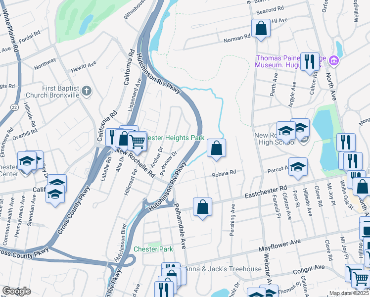 map of restaurants, bars, coffee shops, grocery stores, and more near 44 Parkview Drive in Bronxville