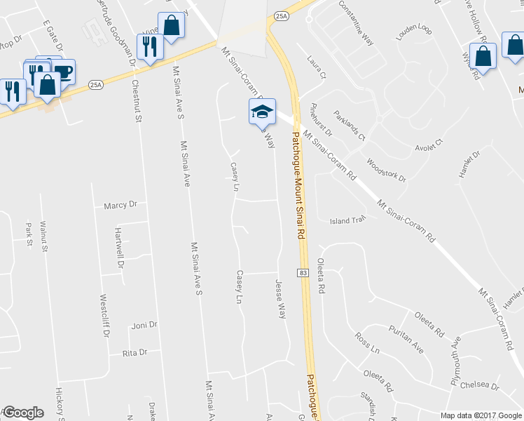 map of restaurants, bars, coffee shops, grocery stores, and more near 4 Panfield Place in Mount Sinai