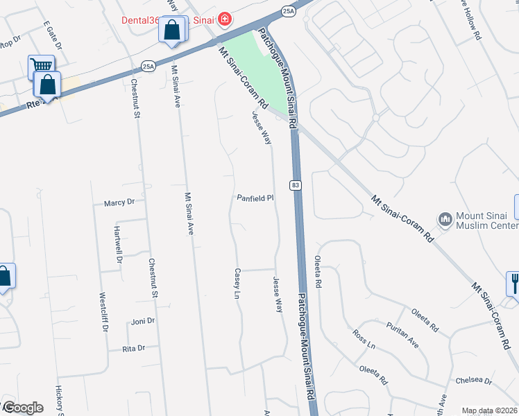 map of restaurants, bars, coffee shops, grocery stores, and more near 4 Panfield Place in Mount Sinai