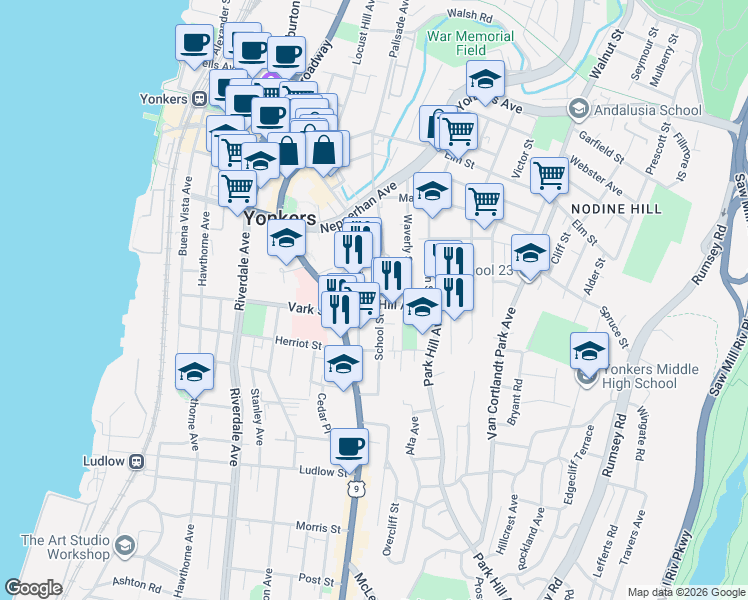 map of restaurants, bars, coffee shops, grocery stores, and more near 30-32 Park Hill Avenue in Yonkers