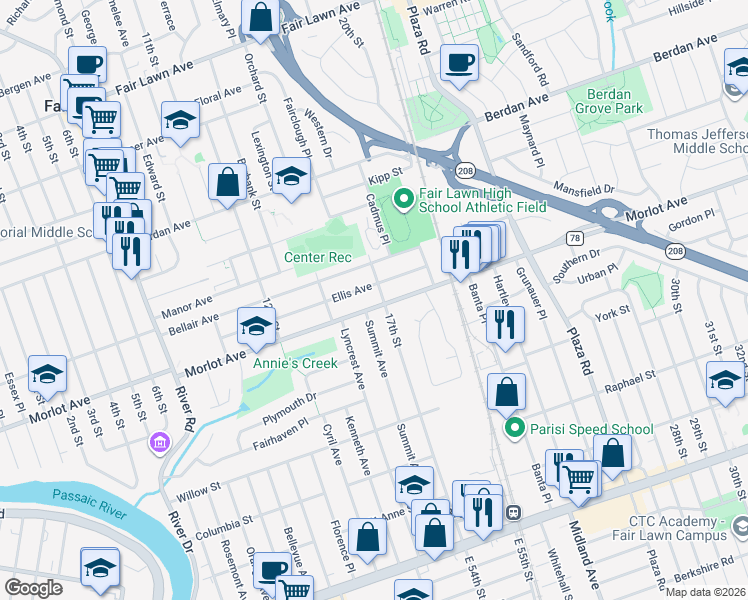 map of restaurants, bars, coffee shops, grocery stores, and more near 16-18 Morlot Avenue in Fair Lawn