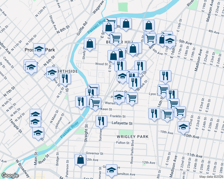 map of restaurants, bars, coffee shops, grocery stores, and more near 72 Lyon Street in Paterson
