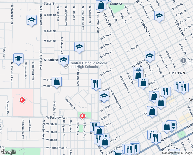 map of restaurants, bars, coffee shops, grocery stores, and more near in Grand Island