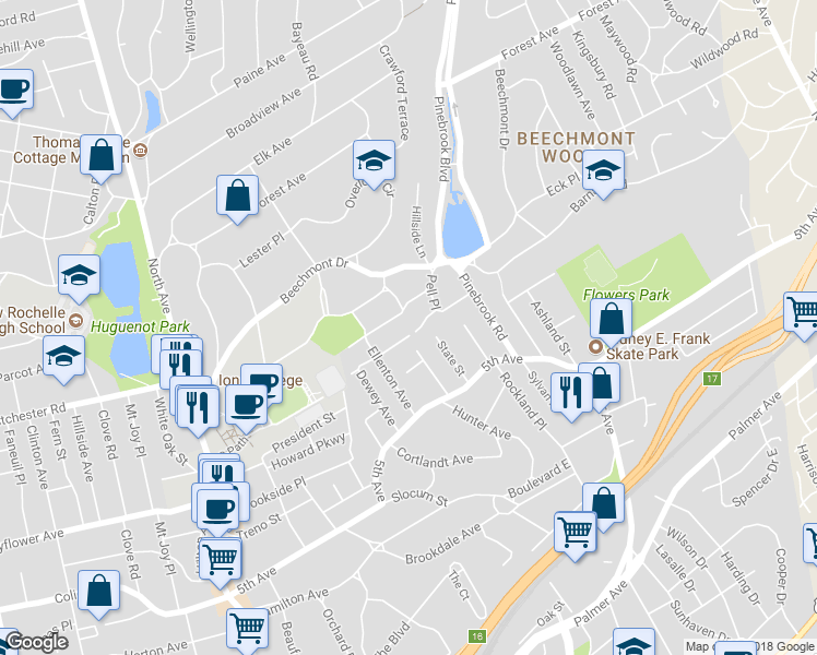 map of restaurants, bars, coffee shops, grocery stores, and more near 66 Hillcrest Avenue in New Rochelle