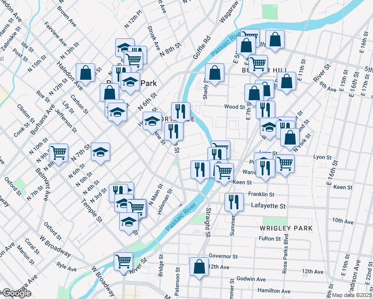 map of restaurants, bars, coffee shops, grocery stores, and more near 43 Hillman Street in Paterson