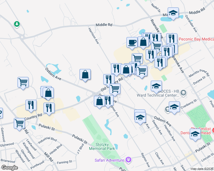 map of restaurants, bars, coffee shops, grocery stores, and more near 1290 Old Country Road in Riverhead