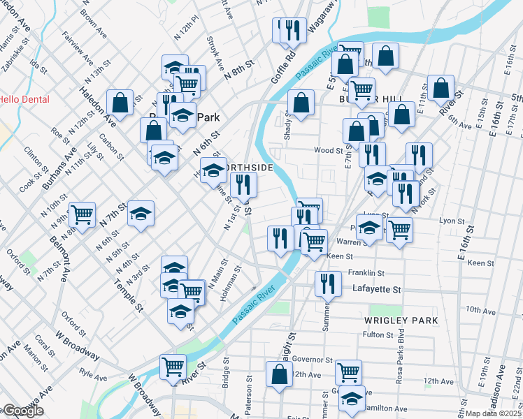map of restaurants, bars, coffee shops, grocery stores, and more near 43 Hillman Street in Paterson