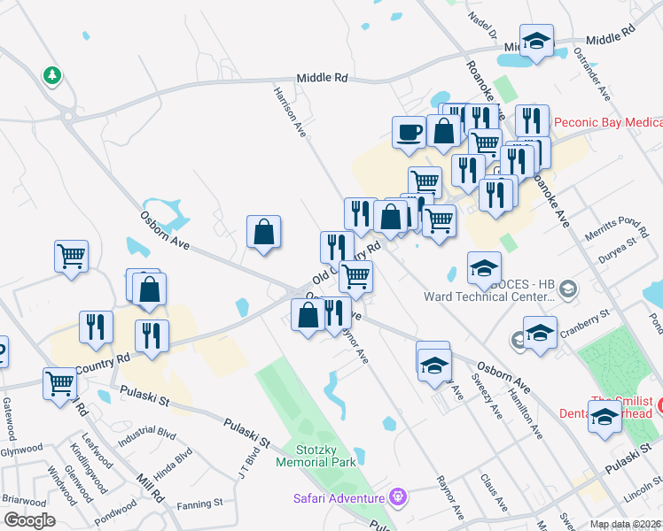 map of restaurants, bars, coffee shops, grocery stores, and more near 1290 Old Country Road in Riverhead