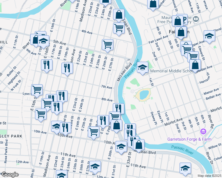 map of restaurants, bars, coffee shops, grocery stores, and more near 220 East 28th Street in Paterson