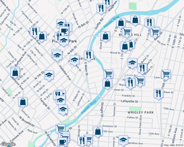 map of restaurants, bars, coffee shops, grocery stores, and more near 41 Hillman Street in Paterson