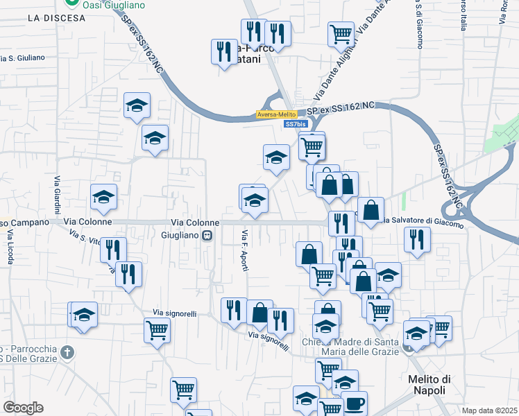 map of restaurants, bars, coffee shops, grocery stores, and more near 14 Via Colonne in Melito di Napoli