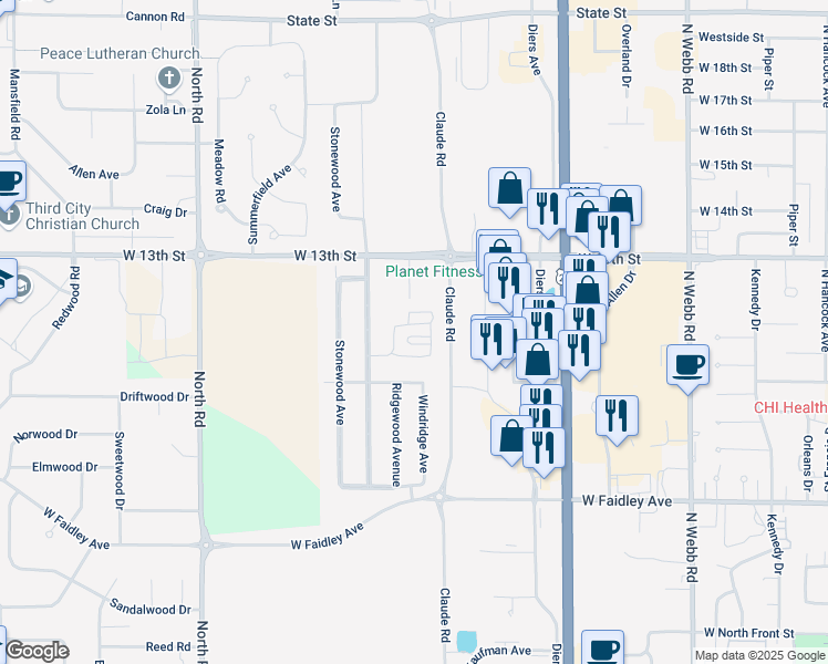 map of restaurants, bars, coffee shops, grocery stores, and more near 1031 Starwood Avenue in Grand Island
