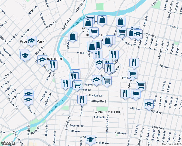 map of restaurants, bars, coffee shops, grocery stores, and more near 411 River Street in Paterson