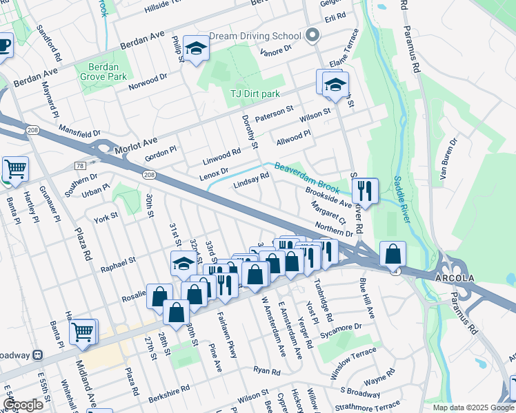 map of restaurants, bars, coffee shops, grocery stores, and more near 36-22 Northern Drive in Fair Lawn