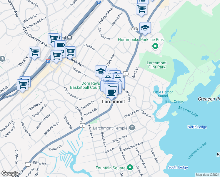 map of restaurants, bars, coffee shops, grocery stores, and more near 2086 Boston Post Road in Larchmont