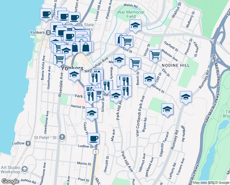 map of restaurants, bars, coffee shops, grocery stores, and more near 59 Park Hill Avenue in Yonkers