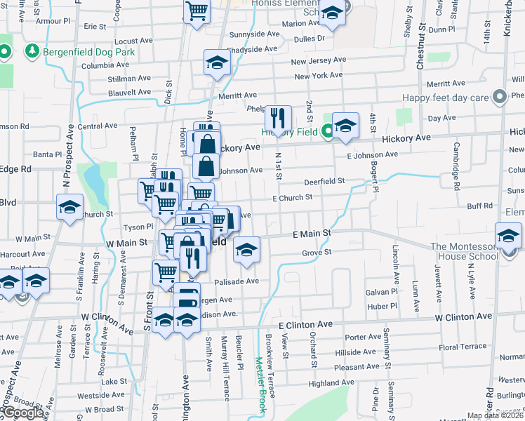 map of restaurants, bars, coffee shops, grocery stores, and more near 100 Bradley Avenue in Bergenfield