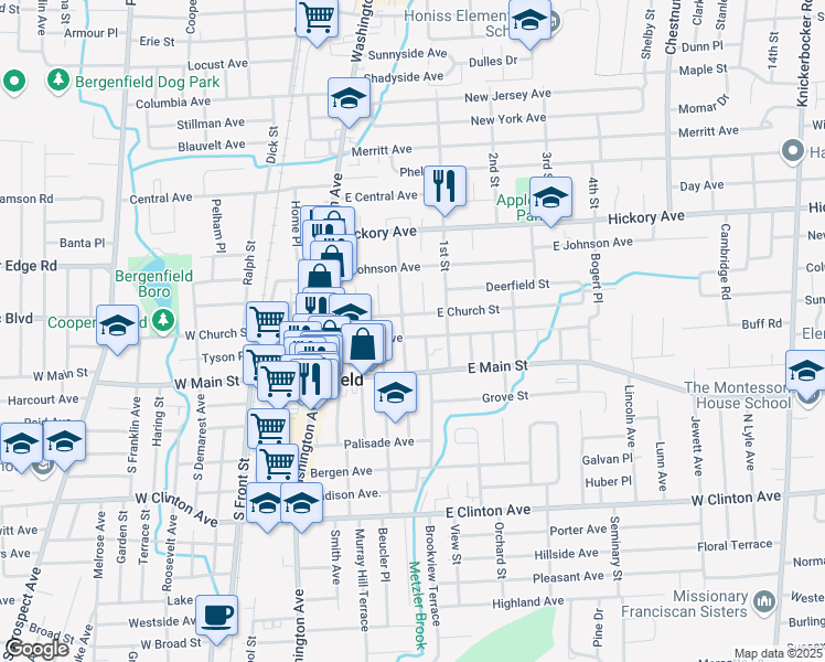 map of restaurants, bars, coffee shops, grocery stores, and more near 100 Bradley Avenue in Bergenfield